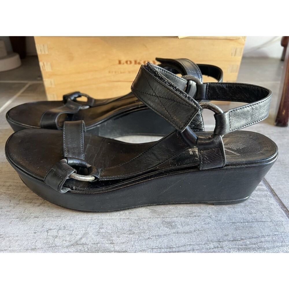 $395 OPENING CEREMONY Black Leather Sandals Platform Wedge Designer Size 39 US 9